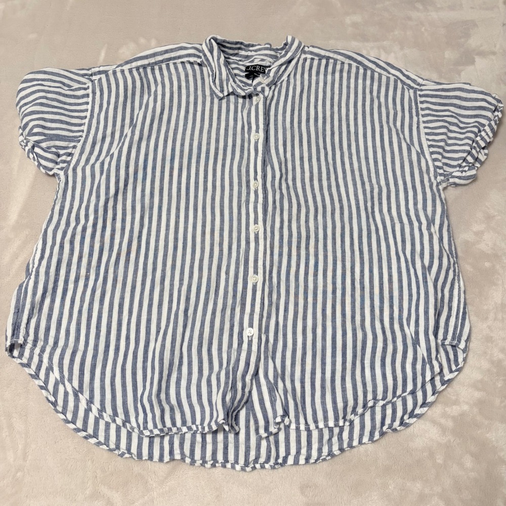 J.Crew Relaxed Striped Linen Button Down Shirt Womens Blue XL